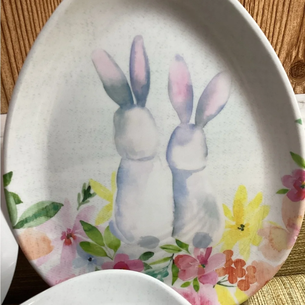 Nicole Miller Melamine Floral Bunny Plates Set of 8 9.5”x7.5”
